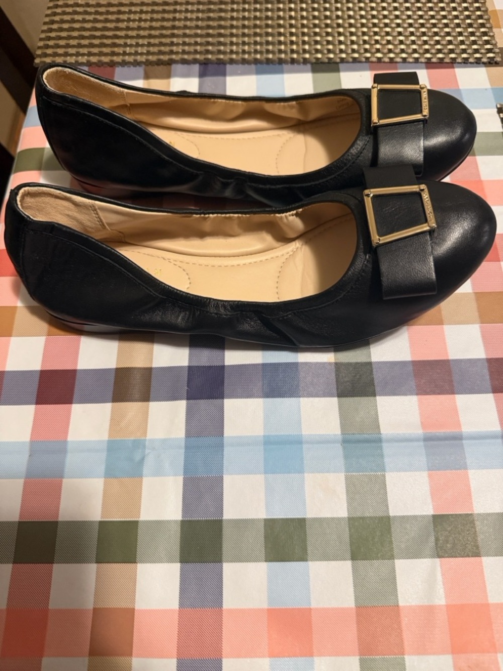 Cole Haan Black Leather Ballet Flats with Gold Buckle